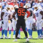 Myles Garrett #95 of the Cleveland Browns plays against the Los Angeles Chargers at FirstEnergy Stadium on October 09, 2022 in Cleveland, Ohio.