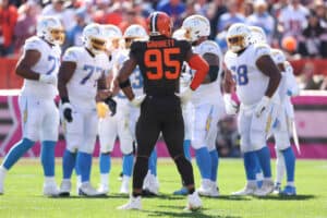 Myles Garrett #95 of the Cleveland Browns plays against the Los Angeles Chargers at FirstEnergy Stadium on October 09, 2022 in Cleveland, Ohio.