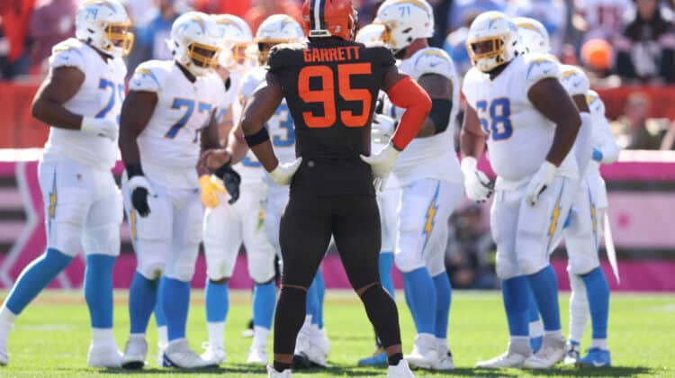 Myles Garrett #95 of the Cleveland Browns plays against the Los Angeles Chargers at FirstEnergy Stadium on October 09, 2022 in Cleveland, Ohio.