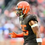 Myles Garrett #95 of the Cleveland Browns reacts during the first half against the Tampa Bay Buccaneers at FirstEnergy Stadium on November 27, 2022 in Cleveland, Ohio.