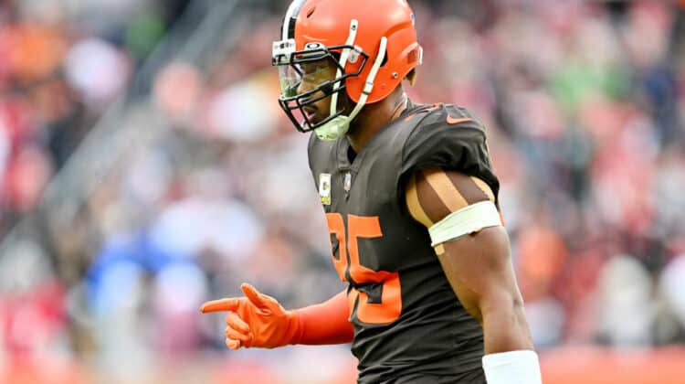 Myles Garrett #95 of the Cleveland Browns reacts during the first half against the Tampa Bay Buccaneers at FirstEnergy Stadium on November 27, 2022 in Cleveland, Ohio.