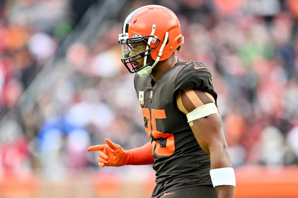 Myles Garrett #95 of the Cleveland Browns reacts during the first half against the Tampa Bay Buccaneers at FirstEnergy Stadium on November 27, 2022 in Cleveland, Ohio.