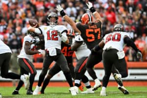 Tom Brady #12 of the Tampa Bay Buccaneers throws the ball during the second half against the Cleveland Browns at FirstEnergy Stadium on November 27, 2022 in Cleveland, Ohio.