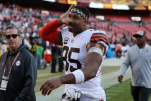 Myles Garrett #95 of the Cleveland Browns reacts to fans after the game against the Washington Commanders at FedExField on January 01, 2023 in Landover, Maryland.