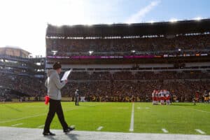 Head coach Kevin Stefanski of the Cleveland Browns looks on during the second half of the game against the Pittsburgh Steelers at Acrisure Stadium on January 08, 2023 in Pittsburgh, Pennsylvania.