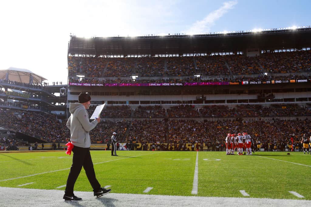 Head coach Kevin Stefanski of the Cleveland Browns looks on during the second half of the game against the Pittsburgh Steelers at Acrisure Stadium on January 08, 2023 in Pittsburgh, Pennsylvania.