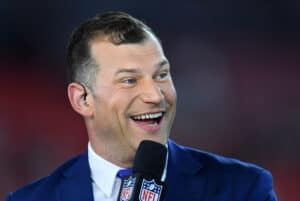 Former Cleveland Browns offensive lineman Joe Thomas talks with the NFL Network prior to the game between the New York Jets and the Cleveland Browns at FirstEnergy Stadium on September 20, 2018 in Cleveland, Ohio.