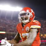 Mecole Hardman #17 of the Kansas City Chiefs reacts after a punt return in the first quarter of the game against the Pittsburgh Steelers in the NFC Wild Card Playoff game at Arrowhead Stadium on January 16, 2022 in Kansas City, Missouri.