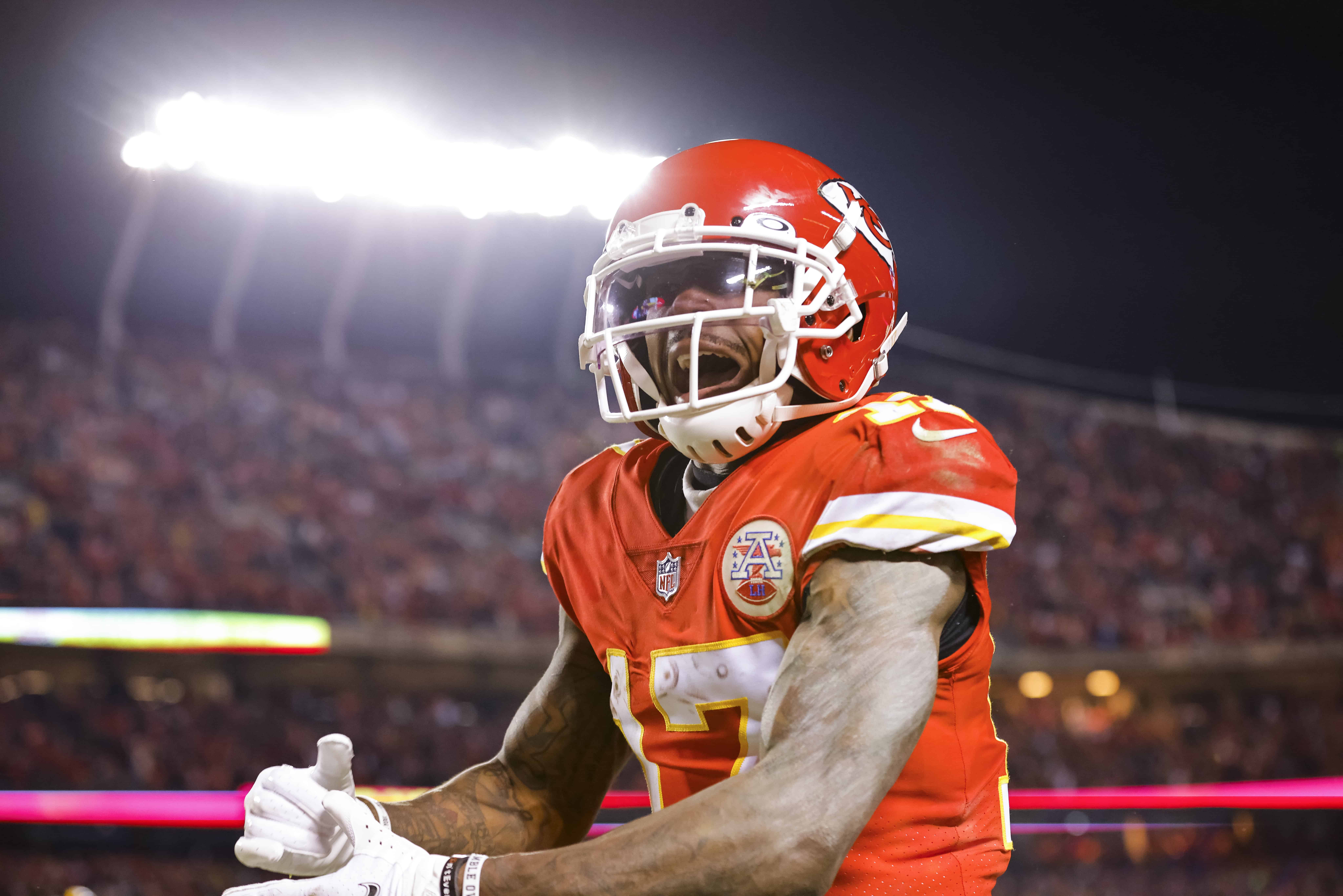 Mecole Hardman #17 of the Kansas City Chiefs reacts after a punt return in the first quarter of the game against the Pittsburgh Steelers in the NFC Wild Card Playoff game at Arrowhead Stadium on January 16, 2022 in Kansas City, Missouri.