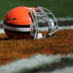 A Cleveland Browns helmet lays in the end zone before the game against the Baltimore Ravens at FirstEnergy Stadium on September 21, 2014 in Cleveland, Ohio. The Ravens defeat the Browns 23-21.