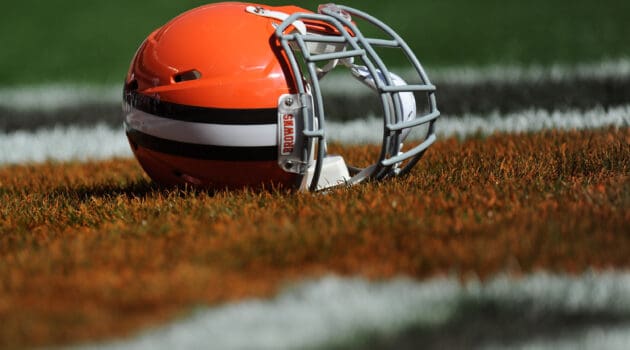A Cleveland Browns helmet lays in the end zone before the game against the Baltimore Ravens at FirstEnergy Stadium on September 21, 2014 in Cleveland, Ohio. The Ravens defeat the Browns 23-21.