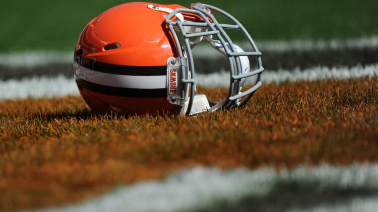 A Cleveland Browns helmet lays in the end zone before the game against the Baltimore Ravens at FirstEnergy Stadium on September 21, 2014 in Cleveland, Ohio. The Ravens defeat the Browns 23-21.