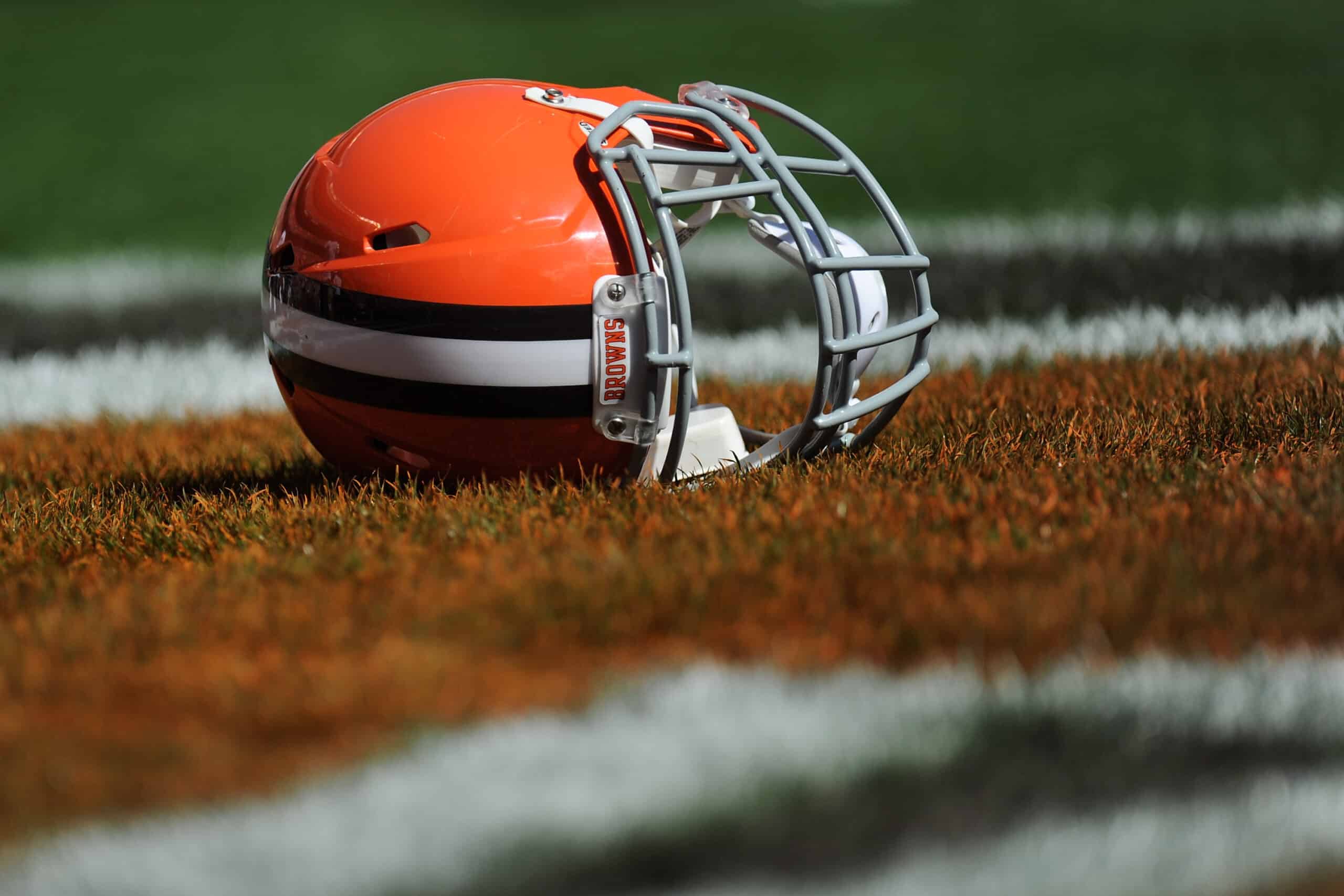 A Cleveland Browns helmet lays in the end zone before the game against the Baltimore Ravens at FirstEnergy Stadium on September 21, 2014 in Cleveland, Ohio. The Ravens defeat the Browns 23-21.