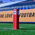 An XFL logo end zone marker before the XFL game between the Los Angeles Wildcats and the Tampa Bay Vipers at Dignity Health Sports Park on March 8, 2020 in Carson, California.
