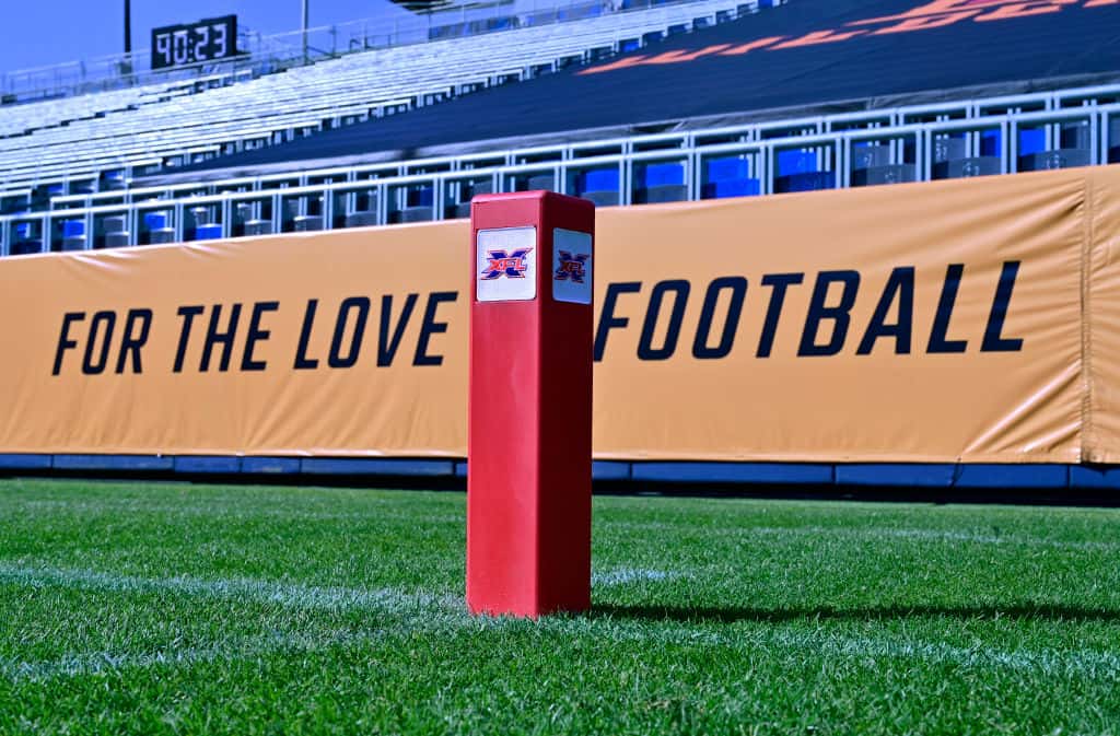 An XFL logo end zone marker before the XFL game between the Los Angeles Wildcats and the Tampa Bay Vipers at Dignity Health Sports Park on March 8, 2020 in Carson, California.