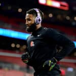 Wide receiver Odell Beckham Jr. #13 of the Cleveland Browns warms up before the start of the Browns and Denver Broncos game at FirstEnergy Stadium on October 21, 2021 in Cleveland, Ohio.