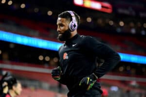 Wide receiver Odell Beckham Jr. #13 of the Cleveland Browns warms up before the start of the Browns and Denver Broncos game at FirstEnergy Stadium on October 21, 2021 in Cleveland, Ohio.