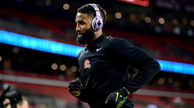 Wide receiver Odell Beckham Jr. #13 of the Cleveland Browns warms up before the start of the Browns and Denver Broncos game at FirstEnergy Stadium on October 21, 2021 in Cleveland, Ohio.