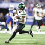 Elijah Moore #8 of the New York Jets against the Indianapolis Colts at Lucas Oil Stadium on November 04, 2021 in Indianapolis, Indiana.