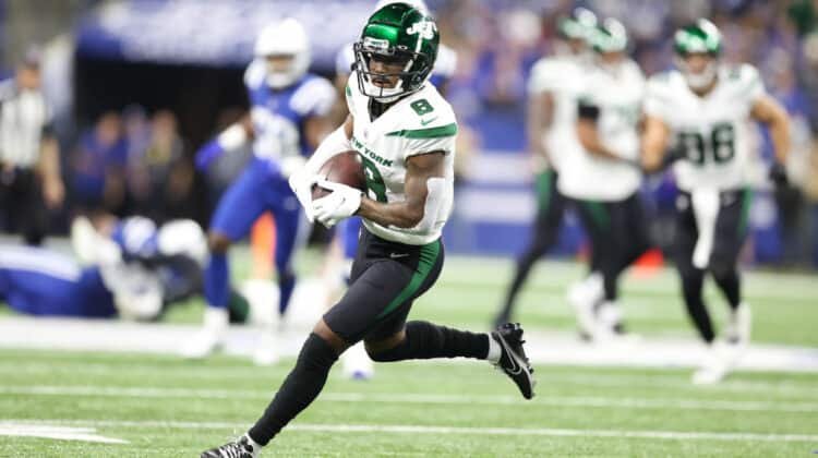 Elijah Moore #8 of the New York Jets against the Indianapolis Colts at Lucas Oil Stadium on November 04, 2021 in Indianapolis, Indiana.
