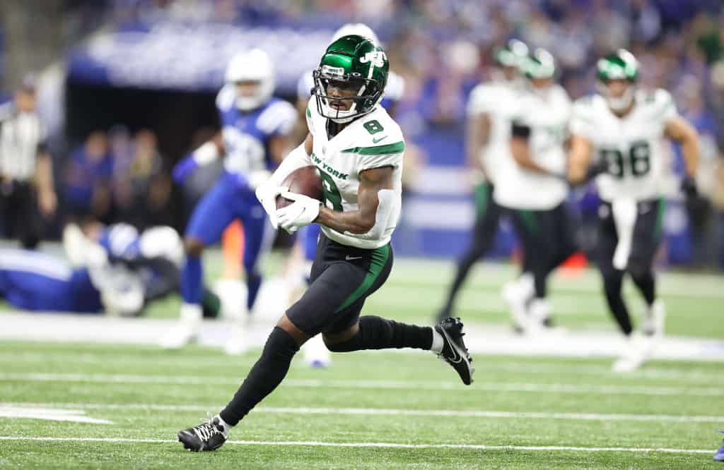 Elijah Moore #8 of the New York Jets against the Indianapolis Colts at Lucas Oil Stadium on November 04, 2021 in Indianapolis, Indiana.