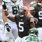 Anthony Walker Jr. #5 of the Cleveland Browns reacts after a play against the New York Jets during the second half at FirstEnergy Stadium on September 18, 2022 in Cleveland, Ohio.