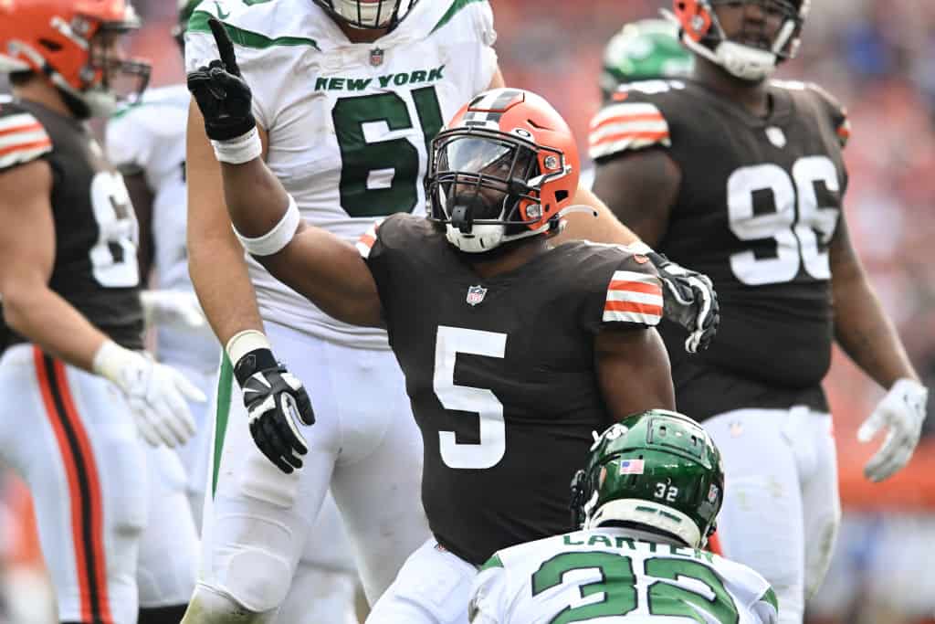 Anthony Walker Jr. #5 of the Cleveland Browns reacts after a play against the New York Jets during the second half at FirstEnergy Stadium on September 18, 2022 in Cleveland, Ohio.