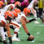 Ethan Pocic #55 of the Cleveland Browns prepares for a snap against the Atlanta Falcons during the first quarter at Mercedes-Benz Stadium on October 02, 2022 in Atlanta, Georgia.