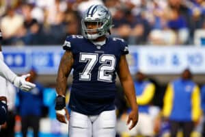 Trysten Hill #72 of the Dallas Cowboys at SoFi Stadium on October 09, 2022 in Inglewood, California.