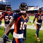 Jerry Jeudy #10 of the Denver Broncos celebrates a touchdown in the fourth quarter of a game against the Kansas City Chiefs at Empower Field At Mile High on December 11, 2022 in Denver, Colorado.