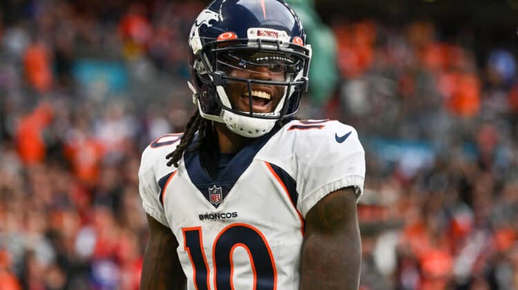 Jerry Jeudy #10 of the Denver Broncos celebrates after scoring a touchdown against Jacksonville Jaguars during second quarter in the NFL match between Denver Broncos and Jacksonville Jaguars at Wembley Stadium on October 30, 2022 in London, England.