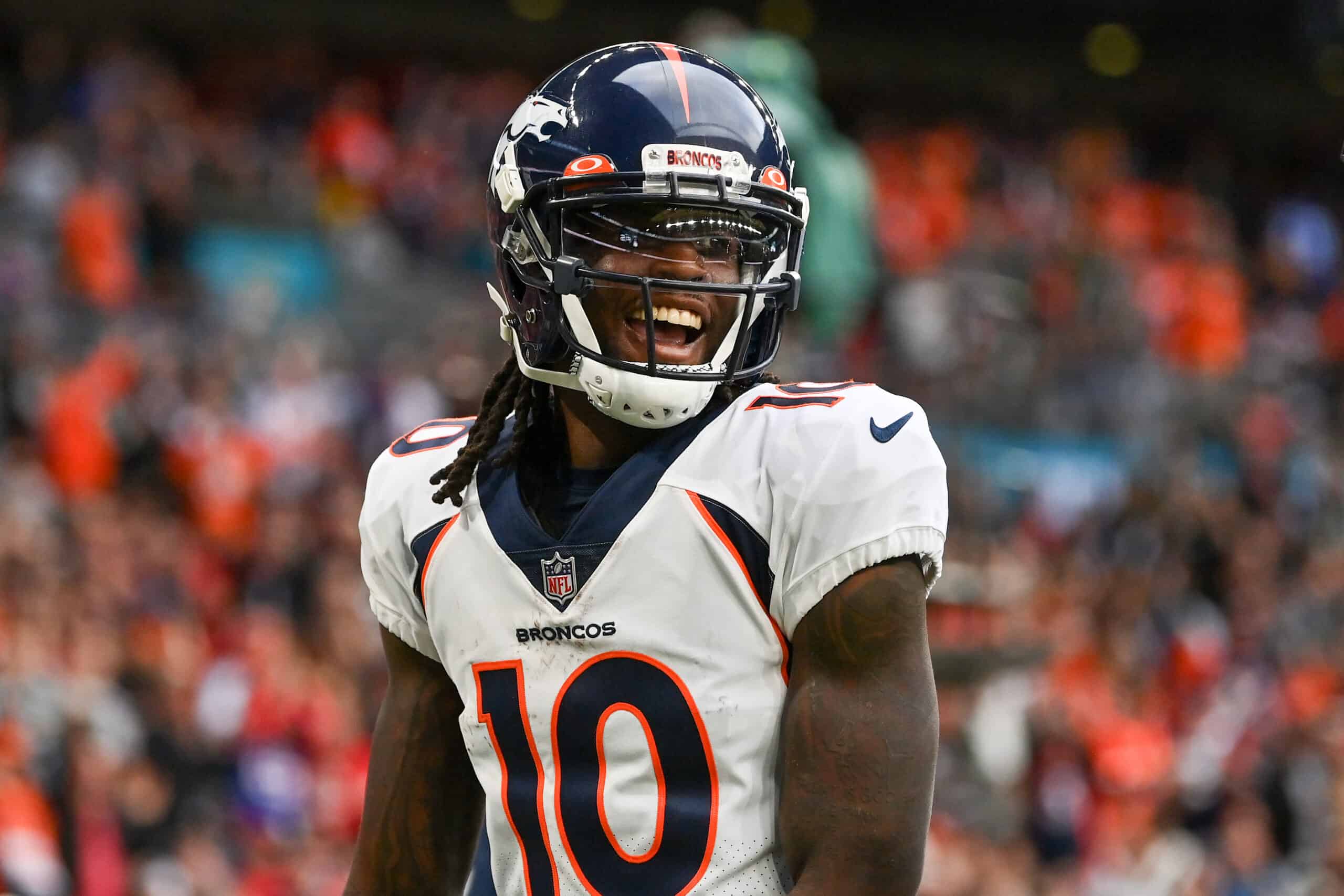 Jerry Jeudy #10 of the Denver Broncos celebrates after scoring a touchdown against Jacksonville Jaguars during second quarter in the NFL match between Denver Broncos and Jacksonville Jaguars at Wembley Stadium on October 30, 2022 in London, England.