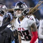 Mike Ford #28 of the Atlanta Falcons reacts after a tackle on a kickoff during the third quarter against the Carolina Panthers at Bank of America Stadium on November 10, 2022 in Charlotte, North Carolina.