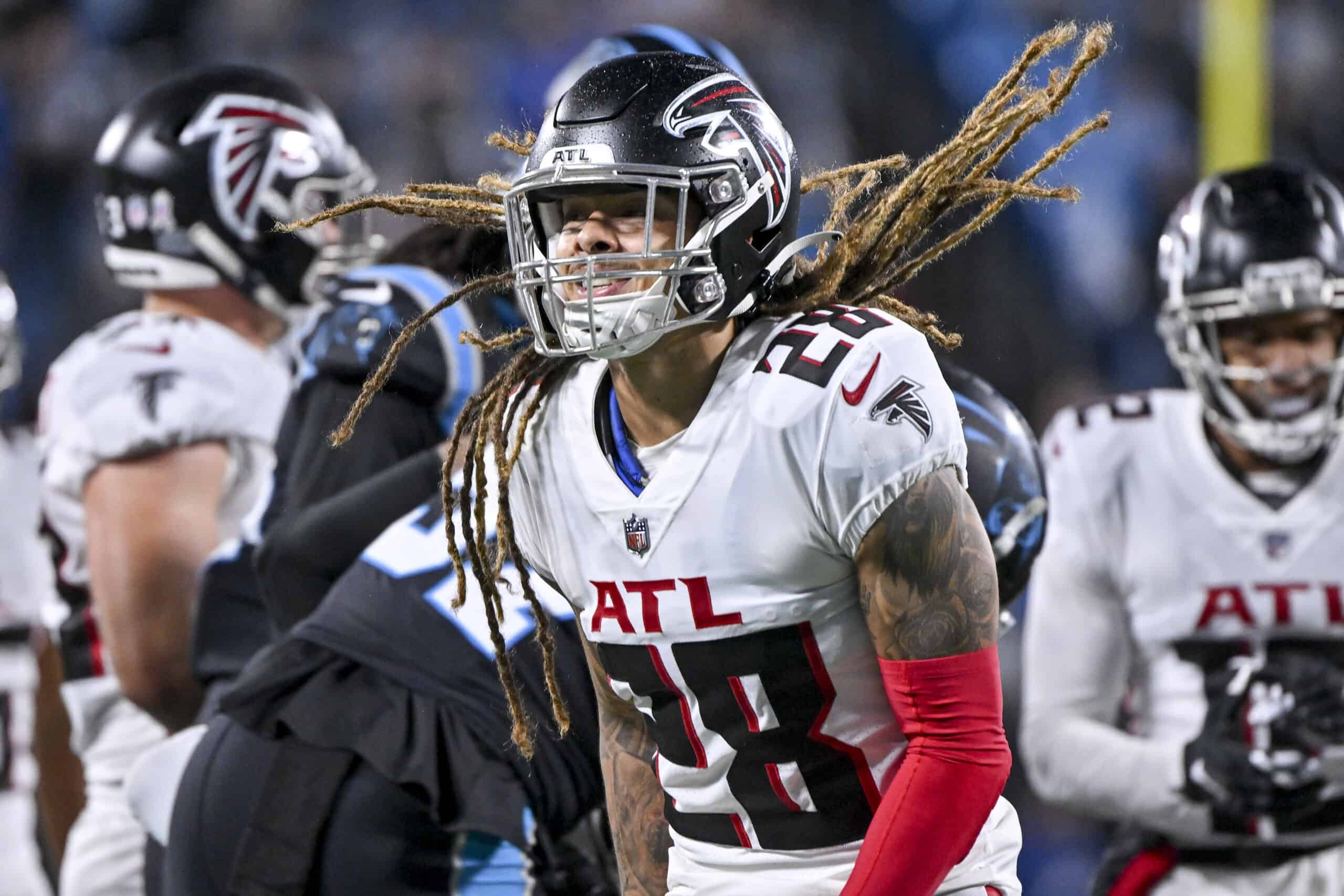 Mike Ford #28 of the Atlanta Falcons reacts after a tackle on a kickoff during the third quarter against the Carolina Panthers at Bank of America Stadium on November 10, 2022 in Charlotte, North Carolina.