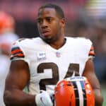 Nick Chubb #24 of the Cleveland Browns looks on during warmups before the game against the Atlanta Falcons at Mercedes-Benz Stadium on October 02, 2022 in Atlanta, Georgia.