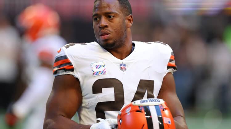 Nick Chubb #24 of the Cleveland Browns looks on during warmups before the game against the Atlanta Falcons at Mercedes-Benz Stadium on October 02, 2022 in Atlanta, Georgia.