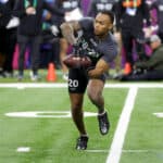Defensive back Cameron Mitchell of Northwestern participates in a drill during the NFL Combine during the NFL Combine at Lucas Oil Stadium on March 03, 2023 in Indianapolis, Indiana