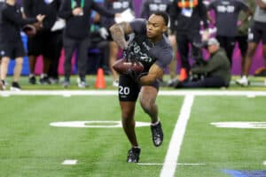 Defensive back Cameron Mitchell of Northwestern participates in a drill during the NFL Combine during the NFL Combine at Lucas Oil Stadium on March 03, 2023 in Indianapolis, Indiana