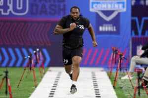 Dawand Jones of Ohio State participates in the 40-yard dash during the NFL Combine at Lucas Oil Stadium on March 05, 2023 in Indianapolis, Indiana.