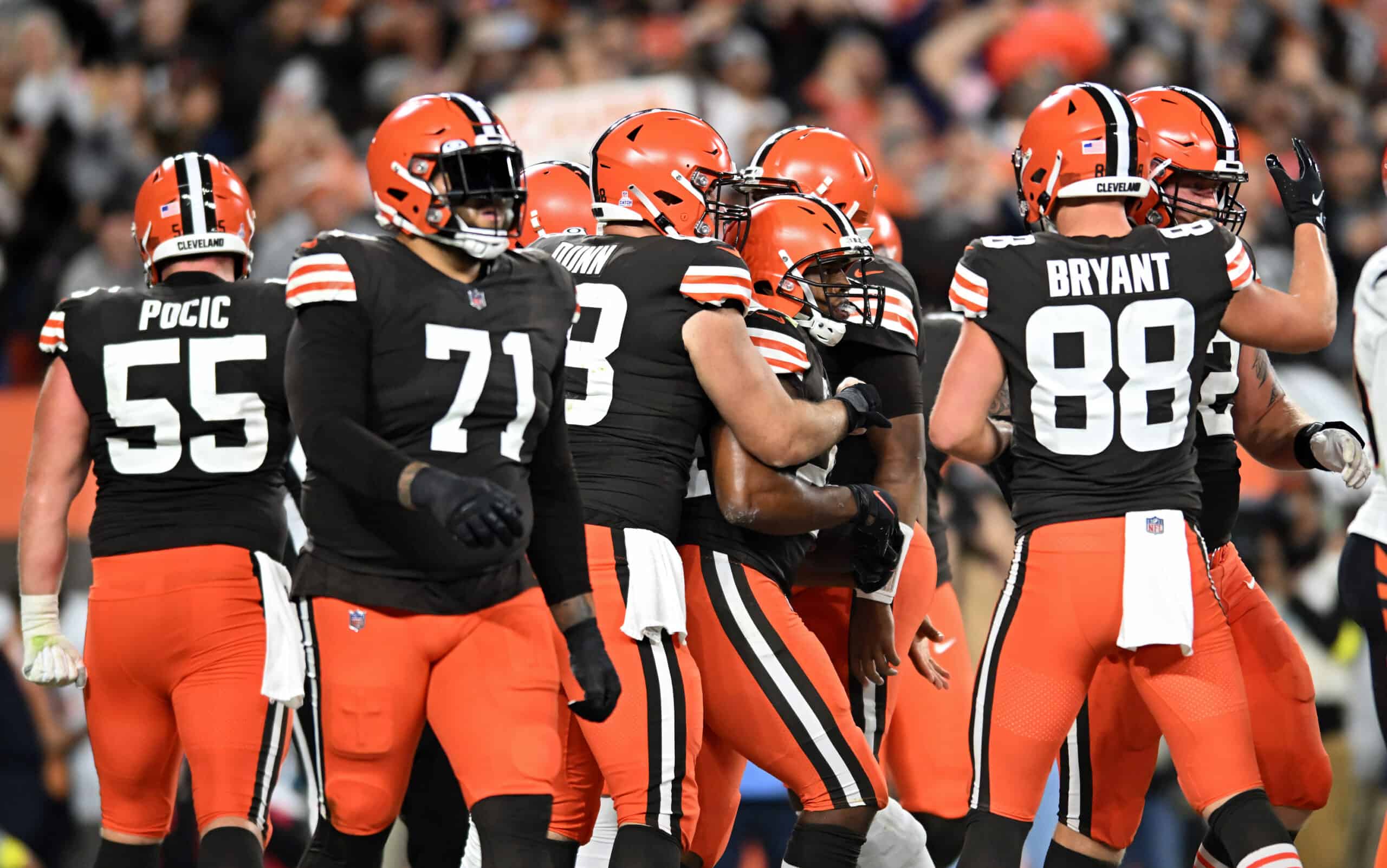 Nick Chubb #24 and Michael Dunn #68 of the Cleveland Browns celebrate after a touchdown scored by Chubb during the first half of the game against the Cincinnati Bengals at FirstEnergy Stadium on October 31, 2022 in Cleveland, Ohio. 