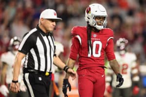 Wide receiver DeAndre Hopkins #10 of the Arizona Cardinals during the NFL game at State Farm Stadium on December 25, 2022 in Glendale, Arizona. The Buccaneers defeated the Cardinals 19-16 in overtime.