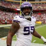 Za'Darius Smith #55 of the Minnesota Vikings celebrates after a play in the fourth quarter of the game against the Washington Commanders at FedExField on November 06, 2022 in Landover, Maryland.
