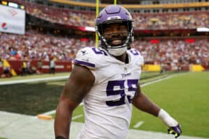 Za'Darius Smith #55 of the Minnesota Vikings celebrates after a play in the fourth quarter of the game against the Washington Commanders at FedExField on November 06, 2022 in Landover, Maryland.