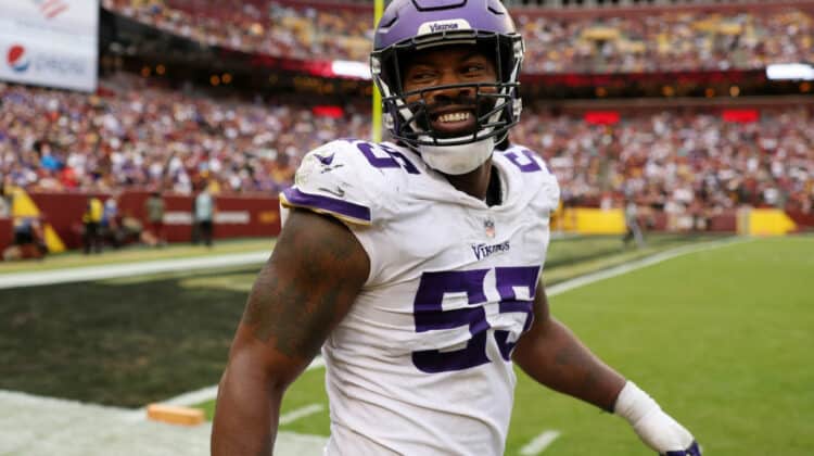 Za'Darius Smith #55 of the Minnesota Vikings celebrates after a play in the fourth quarter of the game against the Washington Commanders at FedExField on November 06, 2022 in Landover, Maryland.