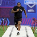 Dawand Jones of Ohio State participates in the 40-yard dash during the NFL Combine at Lucas Oil Stadium on March 05, 2023 in Indianapolis, Indiana.