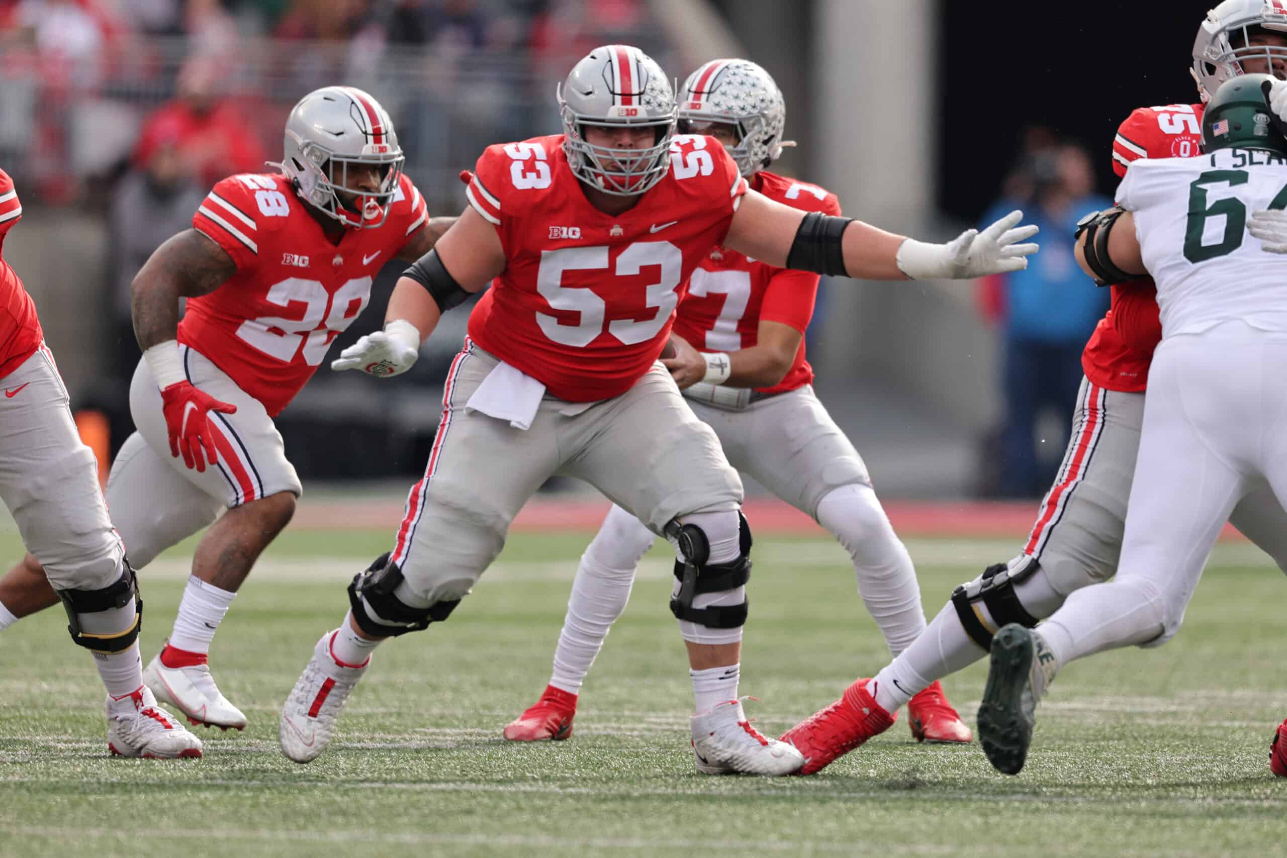 Luke Wypler #53 of the Ohio State Buckeyes plays against the Michigan State Spartans at Ohio Stadium on November 20, 2021 in Columbus, Ohio.