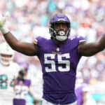 Za'Darius Smith #55 of the Minnesota Vikings celebrates a sack against Teddy Bridgewater #5 of the Miami Dolphins during the third quarter at Hard Rock Stadium on October 16, 2022 in Miami Gardens, Florida.