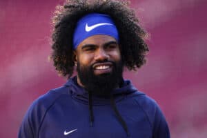 Ezekiel Elliott #21 of the Dallas Cowboys warms up prior to a game against the San Francisco 49ers in the NFC Divisional Playoff game at Levi's Stadium on January 22, 2023 in Santa Clara, California.