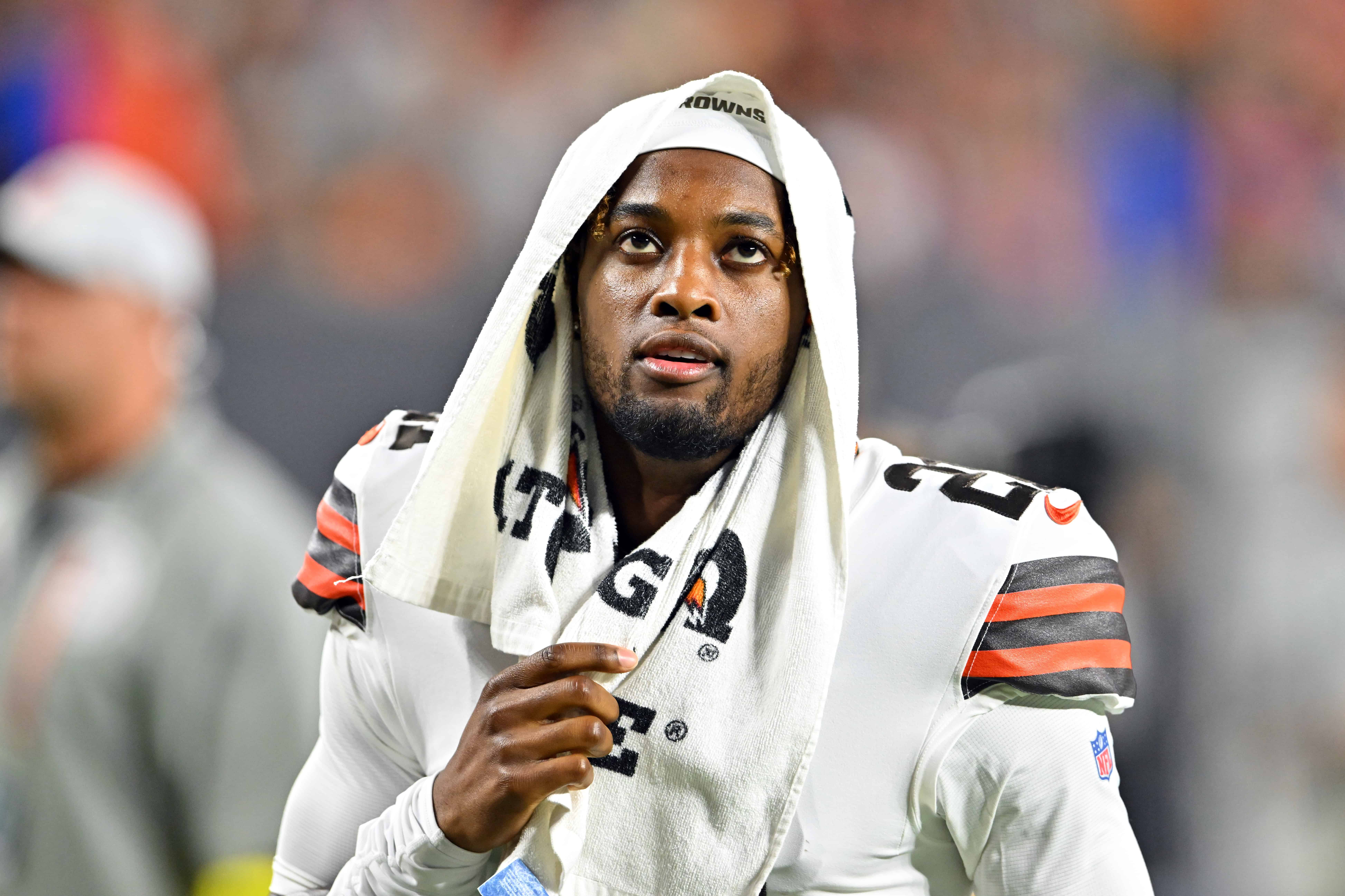 Cornerback Denzel Ward #21 of the Cleveland Browns walks off the field after a preseason game against the Chicago Bears at FirstEnergy Stadium on August 27, 2022 in Cleveland, Ohio. The Bears defeated the Browns 21-20.