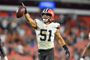 Linebacker Jordan Kunaszyk #51 of the Cleveland Browns celebrates after recovering a fumble for a turnover during the fourth quarter of a preseason game against the Chicago Bears at FirstEnergy Stadium on August 27, 2022 in Cleveland, Ohio. The Bears defeated the Browns 21-20.